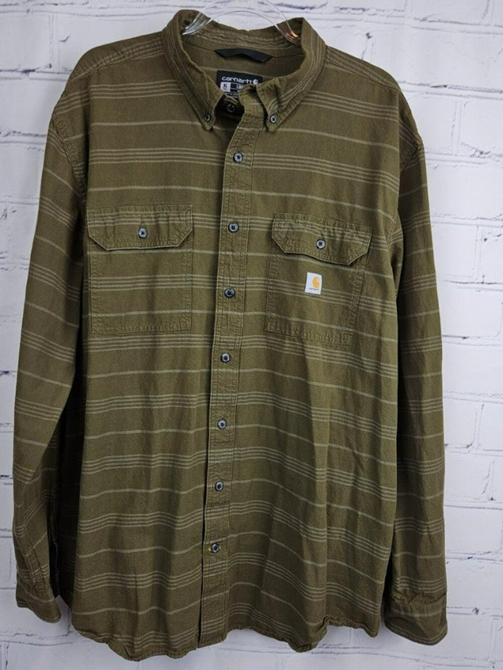 Carhartt Mens XL Tall Loose Fit Olive Green Striped Button-Up Shirt Long Sleeve
